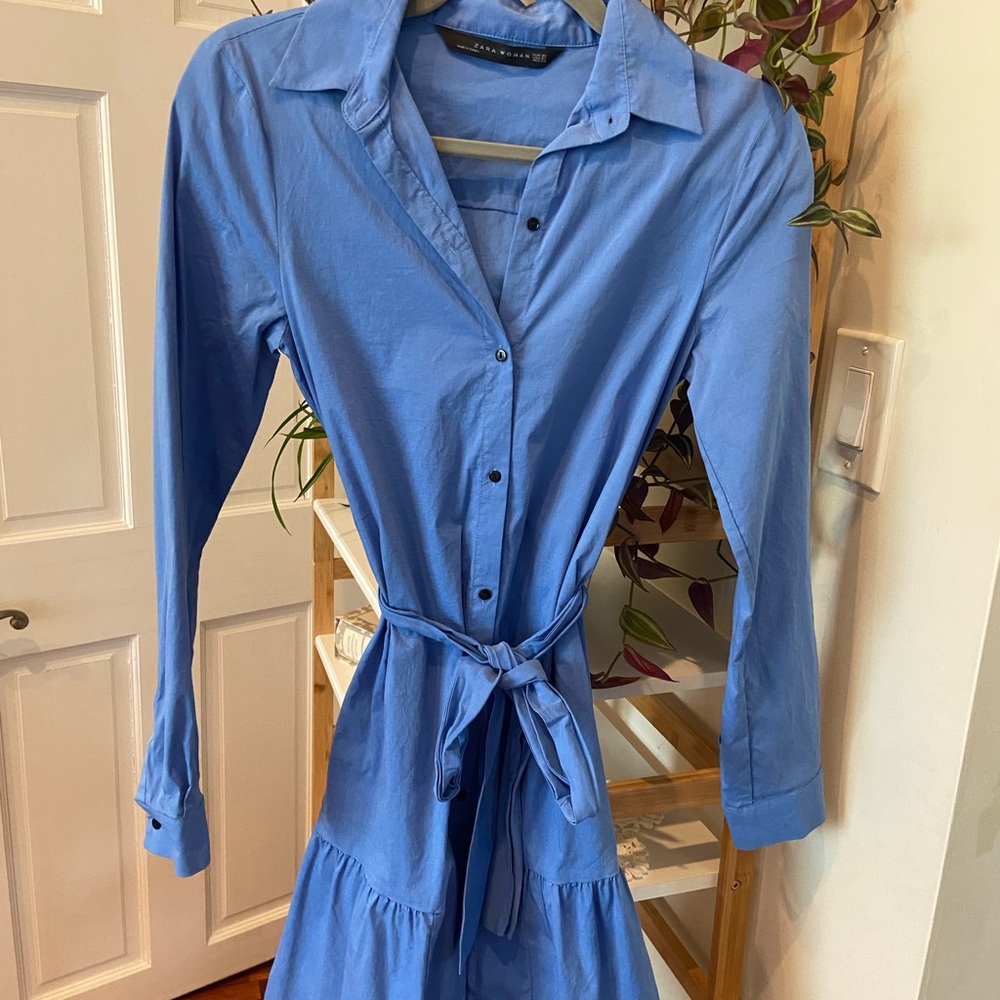 Zara Blue Notched Collar Long Sleeve Shirt Dress